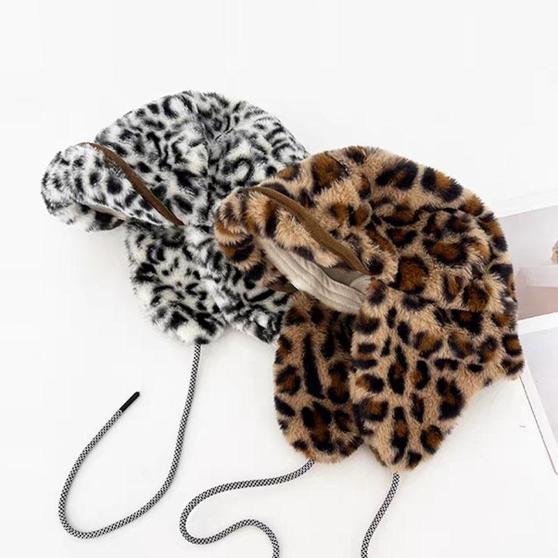 Korean Version Retro Leopard Print Plush Cap Men's and Women's Outdoor Skiing Flight Hat Winter Warm Cycling Ear Hat