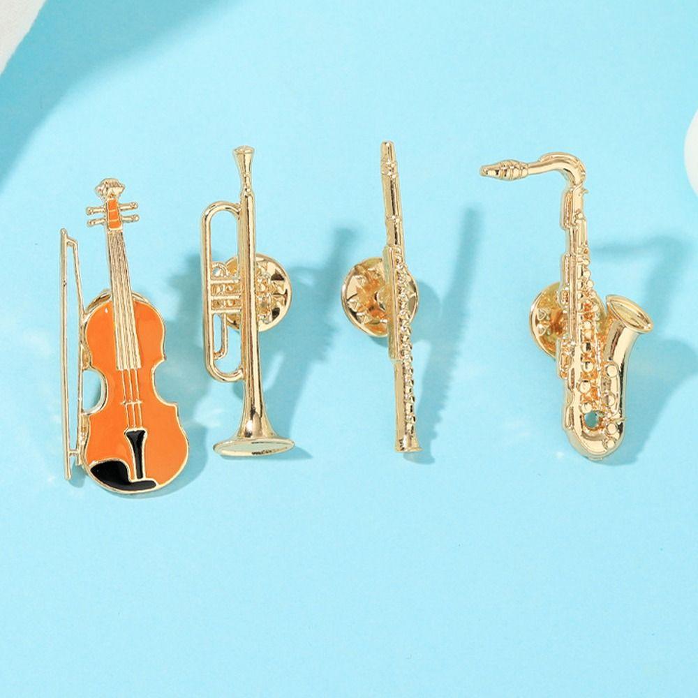 4Pcs Alloy Enamel Brooches Trumpet Clarinet Saxophone Violin Shaped Musical Instruments Lapel Pins Jewelry Accessories