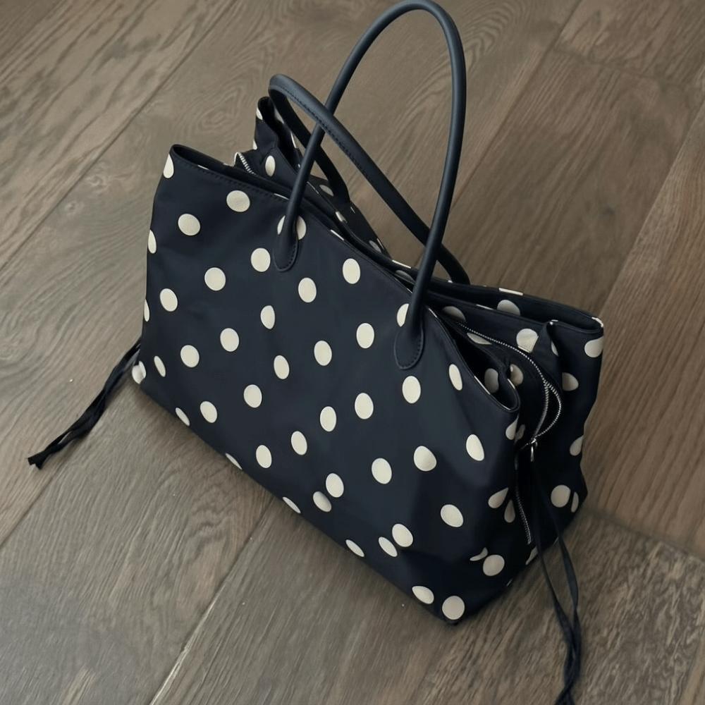 Double Zipper Polka Dot Shoulder Bag Solid Black Large Capacity Handbag Nylon Tote Bag Travel