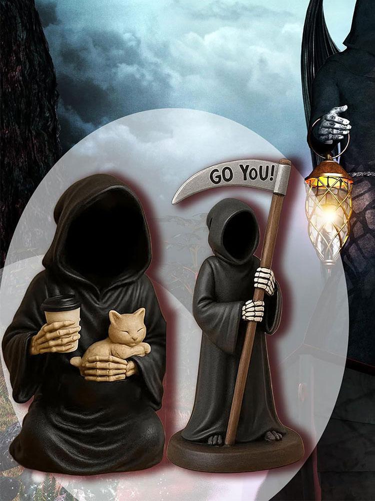 Emotional Support Grim Reaper Figurine with Support Card Gothic Skeleton Statue Desktop Ornament for Halloween Home Office Decor