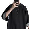 Men T-shirt Plaid Patchwork O-Neck 3/4 Sleeve Solid Color Streetwear Spring Summer Loose Tee Top Men Clothes