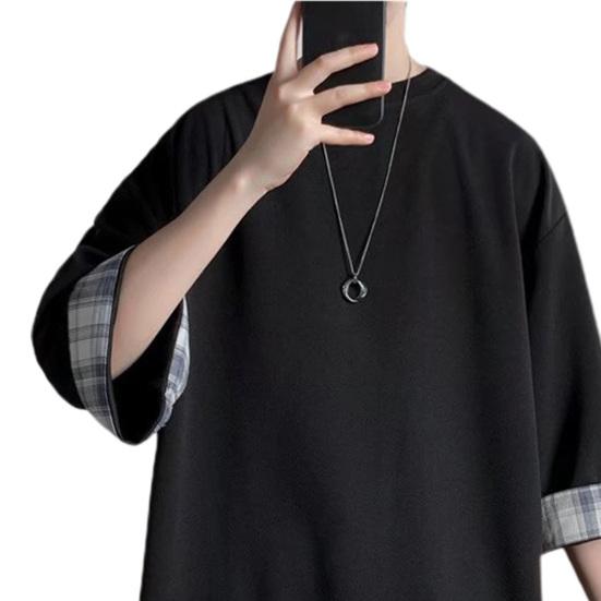 Men T-shirt Plaid Patchwork O-Neck 3/4 Sleeve Solid Color Streetwear Spring Summer Loose Tee Top Men Clothes