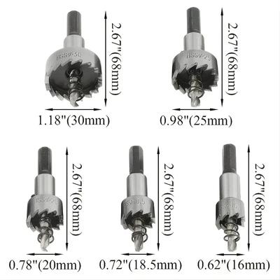 5-teiliges HSS-Bohrer-Lochsägen-Set mit Hartmetallspitze, Edelstahl, Metalllegierung, 16/18,5/20/25/30 mm, Holzbearbeitungswerkzeuge