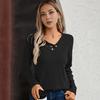 Yousheng Women Tops V-Neck Long Sleeve Ribbed Knit Top with Buttons Decor Solid Color Loose Fit Stretchy Autumn Shirt Office Casual Wear