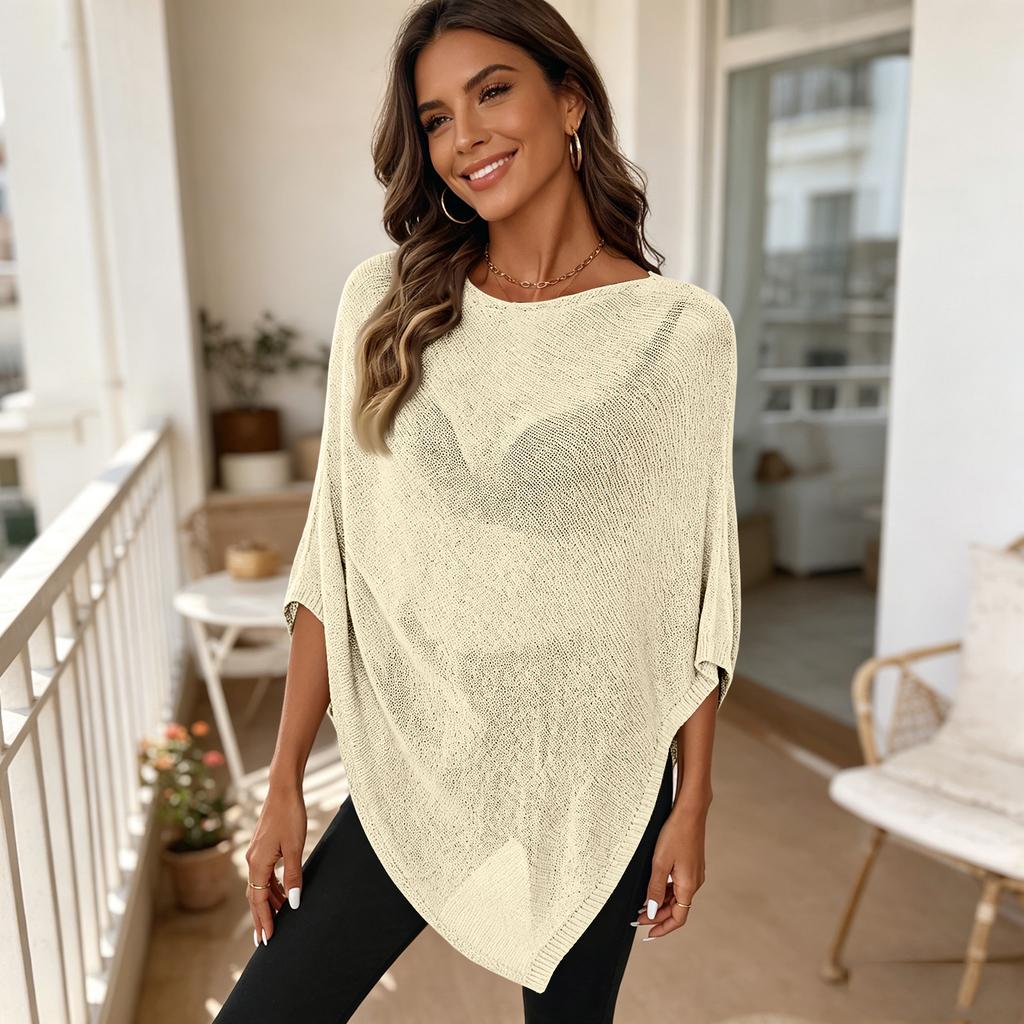 Damen Leichte Strand-Übergangsjacke Kurzarm Durchbrochen Lockerer Sitz Lässiges Sommer-Pullover-Top für Urlaub Reisen