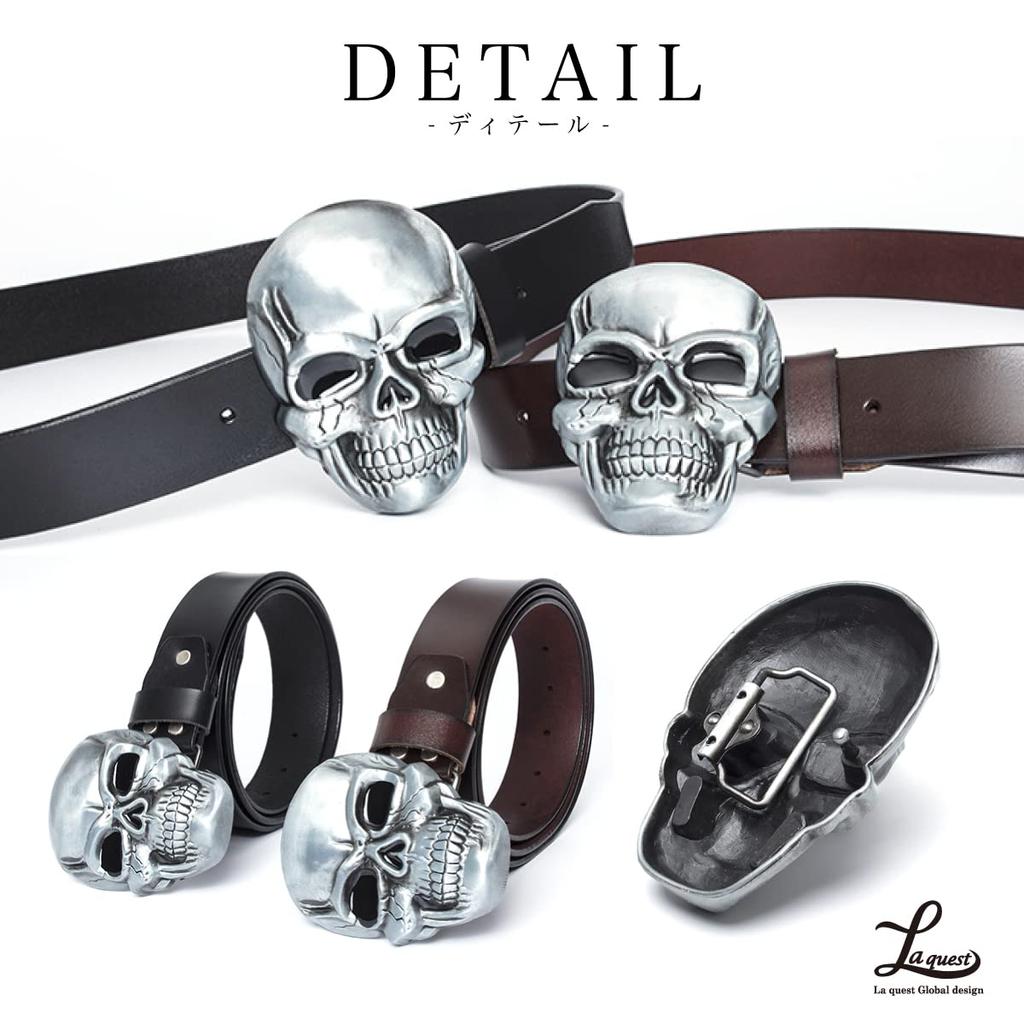 [Laquest] Big Skull Buckle Leather Belt for Men - Skull Metal Buckle, Punk Rock Biker Style (2. Brown)