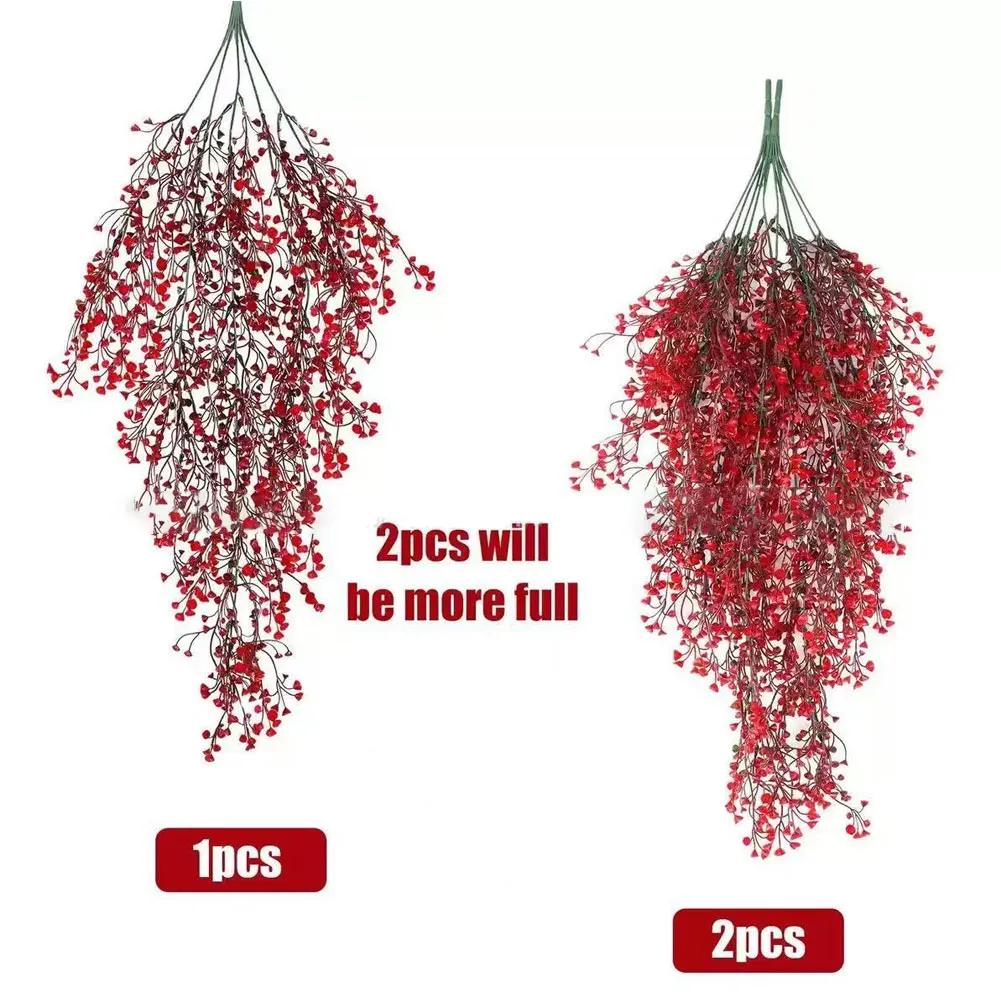 Artificial Hanging Plants 4 Pack Faux Plastic Vine with Red Flower Green Decoration for Indoor Outdoor Balcony