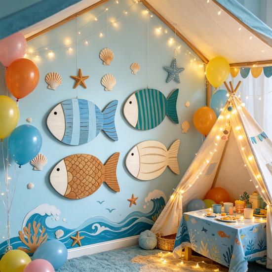 4 Pcs Wood Fish Nautical Wall Decor Rustic Wall Hanging Beach Decor Coastal Themed Vintage Ornaments for Summer Lake House Bathroom Bedroom