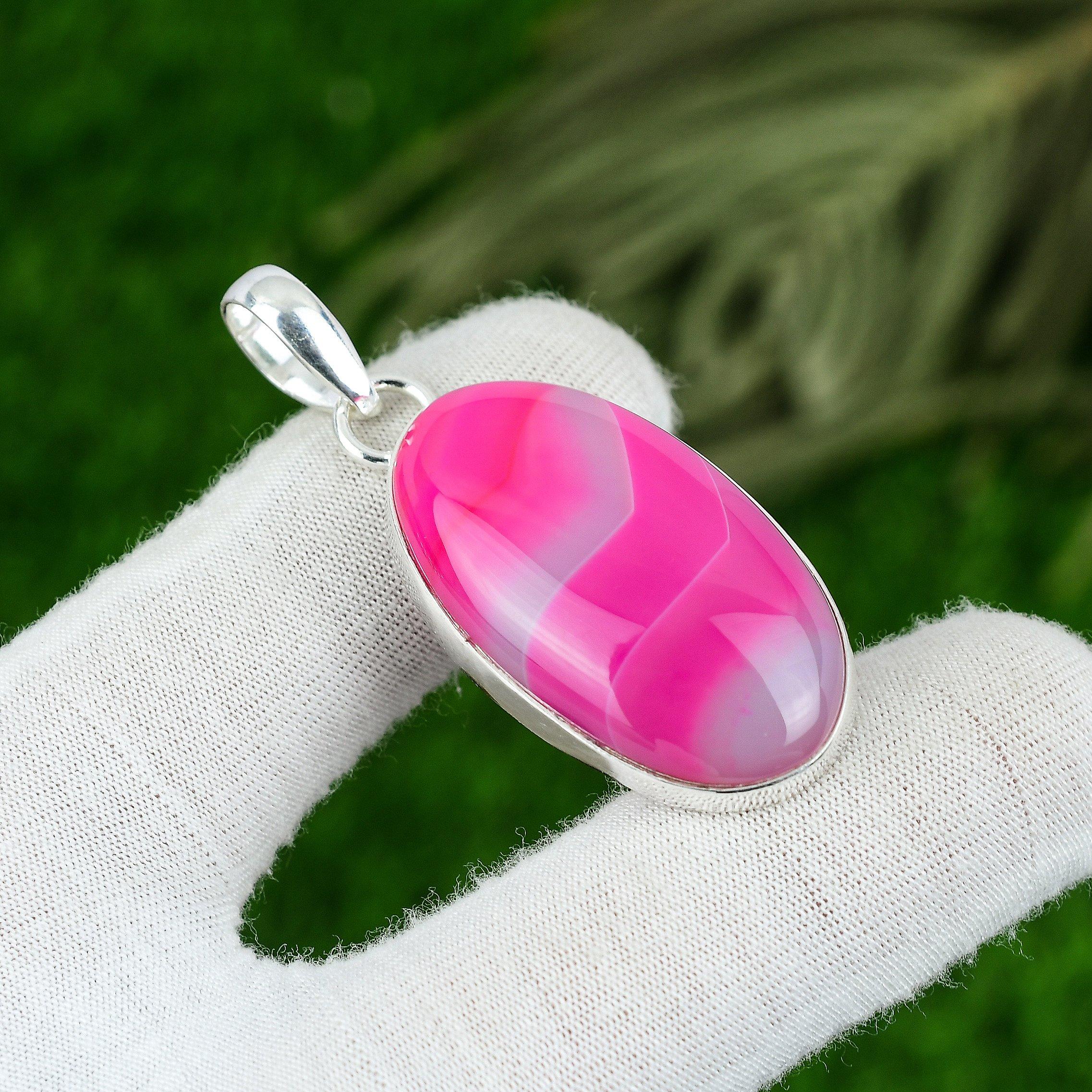 

925 Sterling Silver Pink Botswana Agate Stone Bezel Wife Wedding Pendant Jewelry