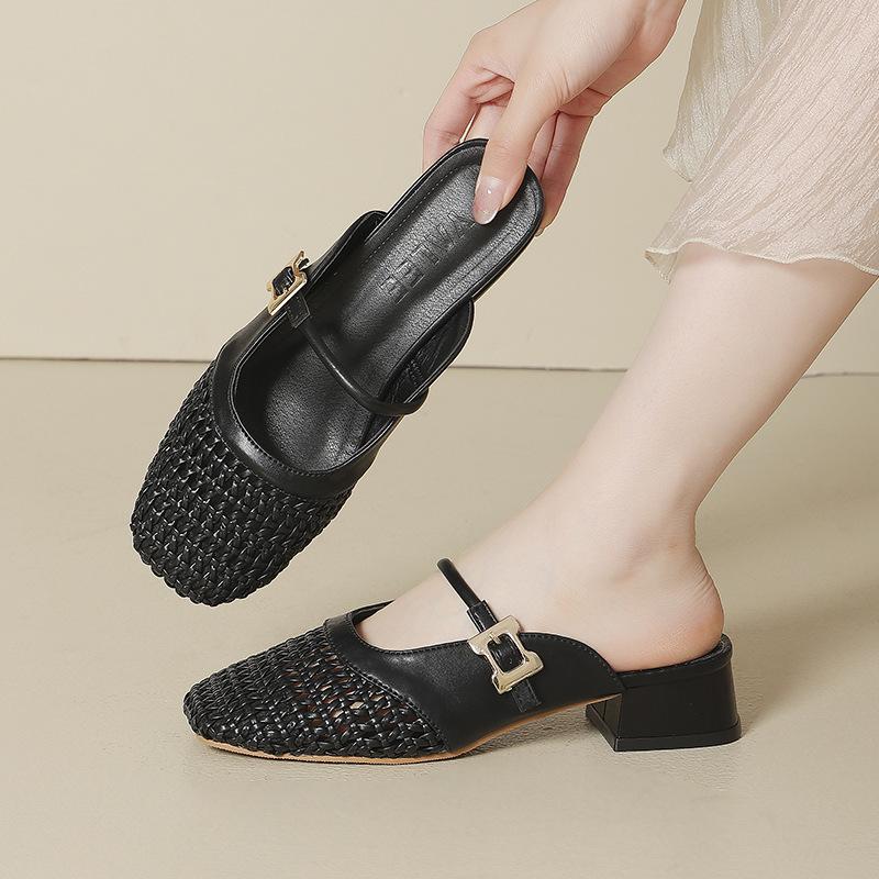 Wear Half Slippers 2025 New Hollow Bag Head Hollow Breathable Low Heel Inner Height Increase Woven Women's Summer High Heel Sandals