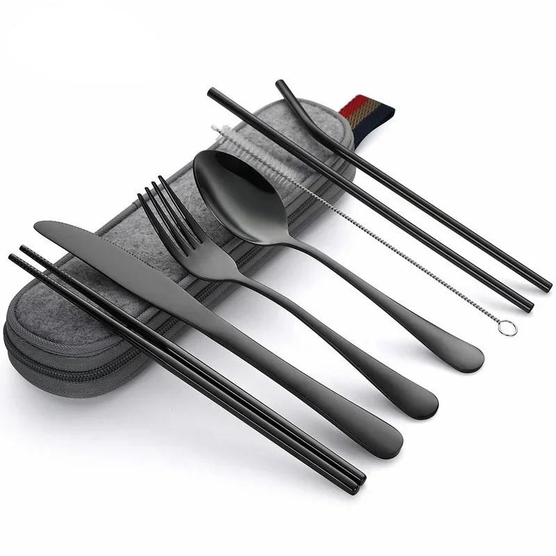 

8Pcs/set Tableware Reusable Travel Cutlery Set Camp Utensils Set with Stainless Steel Spoon Fork Chopsticks Straw Portable Case чёрный