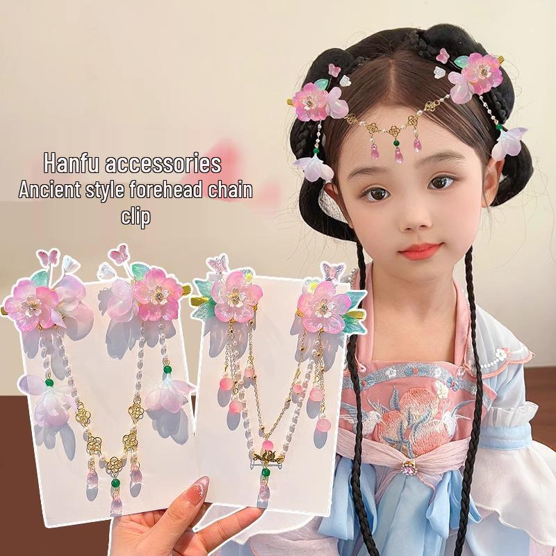 Acessórios de Cabelo Hanfu de Estilo Antigo: Adorno de Cabeça Infantil com Corrente de Testa, Franja e Design de Fada Princesa