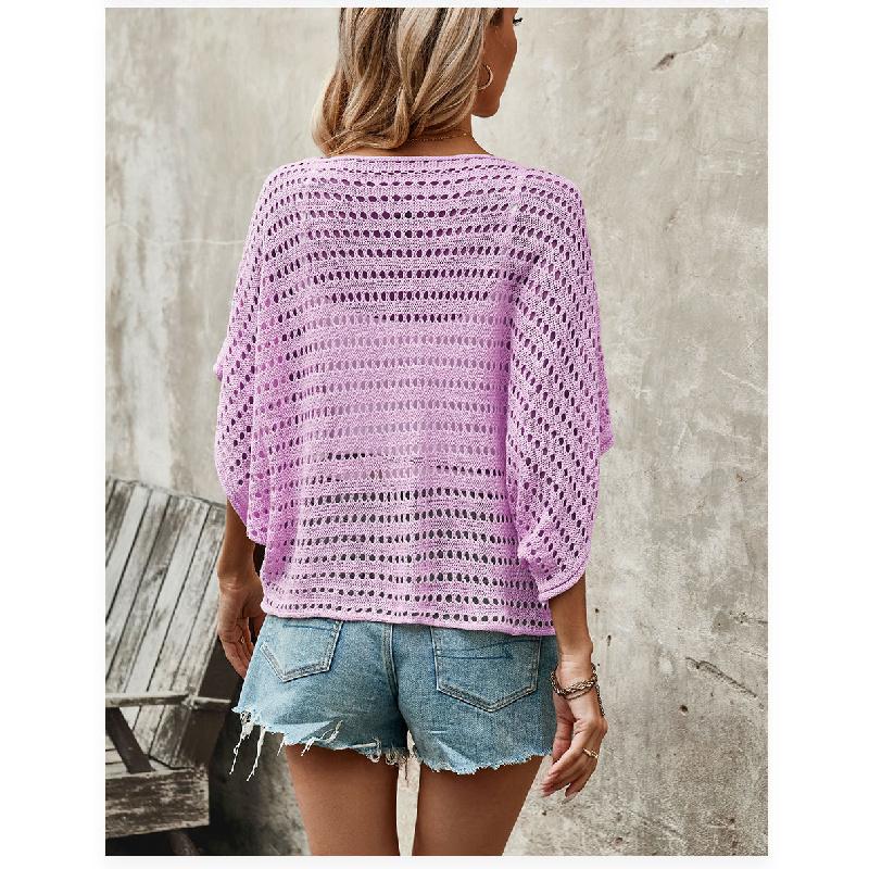 2026 New Round Neck Solid Color Women's Bat Sleeve Hollow Loose Knit Sweater