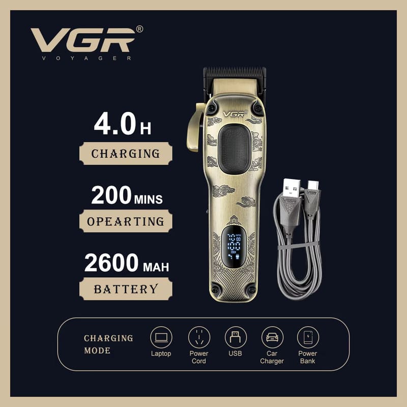 Nuevo VGR V-027 Cortapelos Metálico Universal de Alta Calidad Peluquería Eléctrica Recortadora para Hombres Cabezal con Pantalla Digital de Aceite Afeitadora Eléctrica para el Hogar
