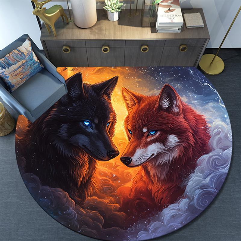 Fire and Ice Wolf Round Area Rug,Carpet Rug for Living Room Bedroom Sofa Playroom Decor,Non-slip Floor Mat