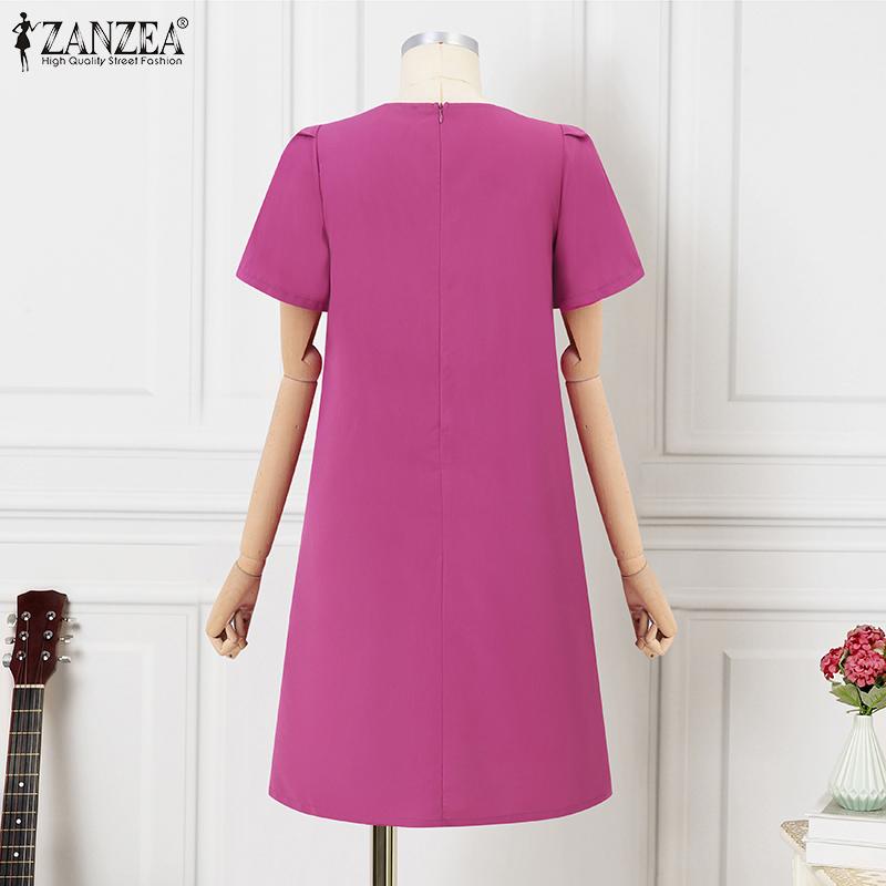ZANZEA Damen Sommerkleid Lässig Rundhals Puffkurzarm