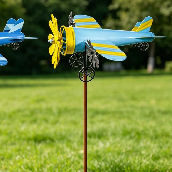 Avión de Hélice Molinillo de Viento Veleta de Metal Avión Vintage Escultura de Molino de Viento Cinético Decoración para Jardín Exterior Patio Césped
