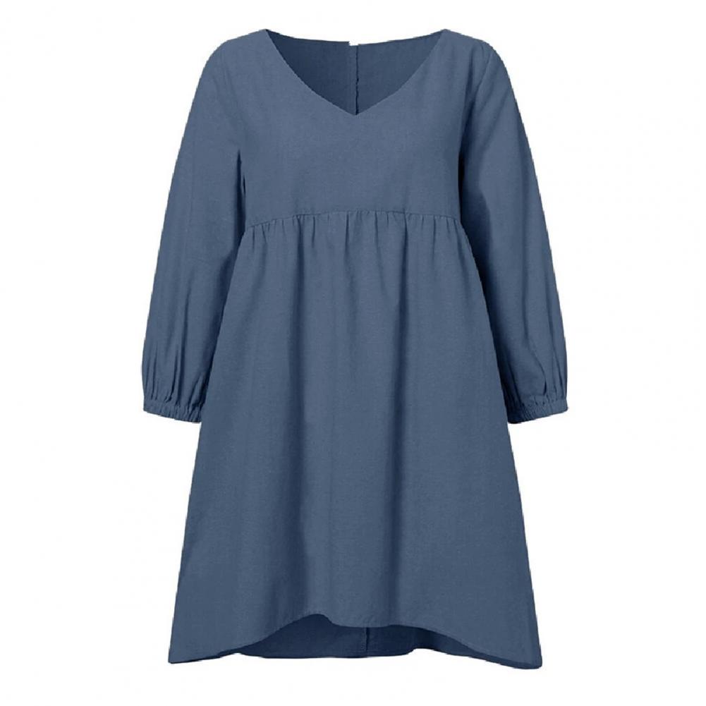 Women Casual Shirt V-Neck Pleated Lantern Long Sleeve Top Solid Color Loose Fit Mid-length Pullover Tops Streetwear