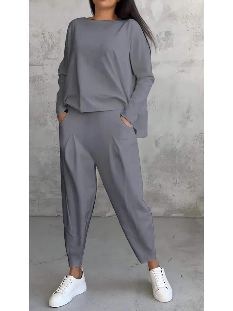 2025 Women's Solid Color Round Neck Long-Sleeve Suit with Pocket Pants