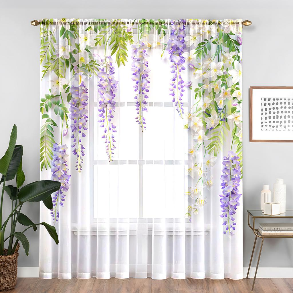 1PC Elegant Wisteria Flower Sheer Curtains - Purple Floral Design with Green Leaves, Rod Pocket Top for Living Room, Kitchen, Bedroom, Balcony