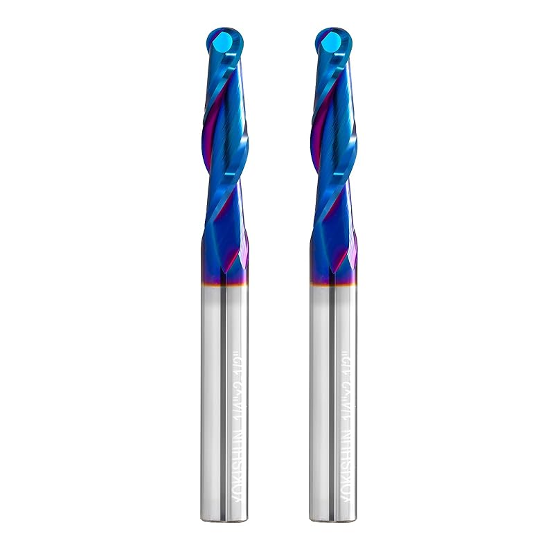 2 PCS CNC Router Bits 1/4inch Shank 1/8inch Cutting Dia Carbide Ball Nose End Mill with Nano Blue Coating for Side Milling End Milling, Finish