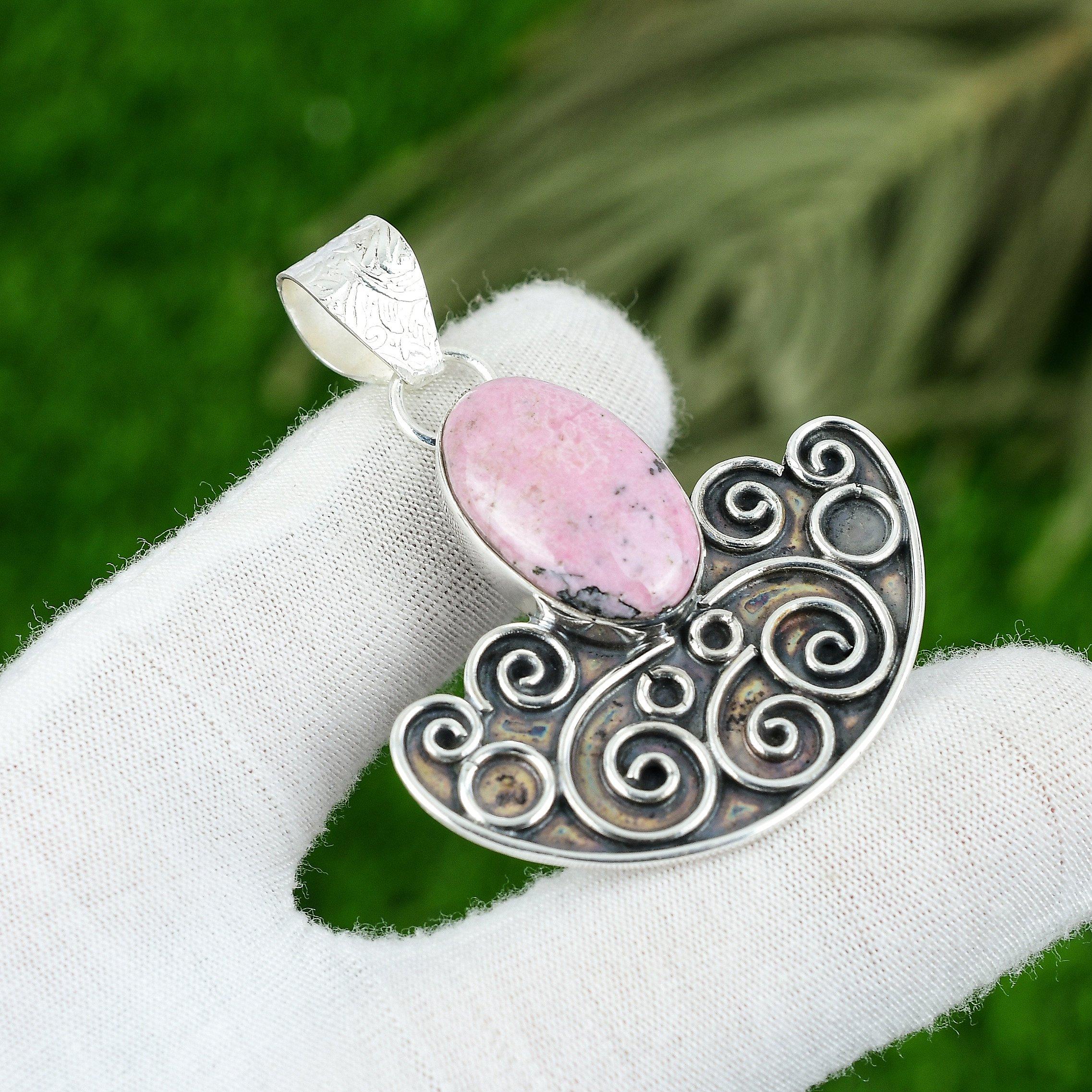 

Oval Heart Chakra Natural Rhodonite Art Deco New Pendant Jewelry Sterling Silver