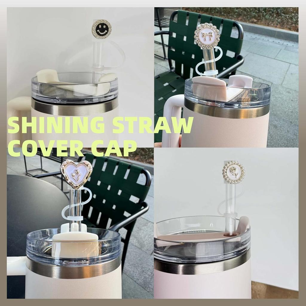 6 Pcs Bling Straw Covers Cap for 30&40 Oz Stanley Cup, 10mm (0.4inch) Gold Black White Silicone Toppers for Water Tumblers,Cute Reble Straw Tip Lids