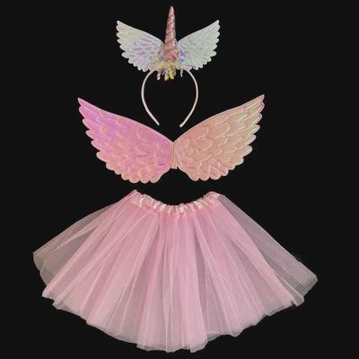 "Unicorn Princess Halloween Costume with Headdress, Wings, and Mesh Skirt for Girls"
