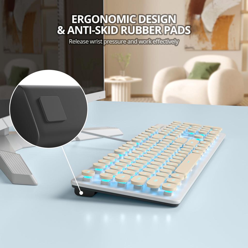 Ussixchare Wired Quiet Membrane Retro Punk Typewriter Design with Blue LED USB Gaming Keyboard with ABS Round Keycaps for Keyboard, Full-Size 104-Key