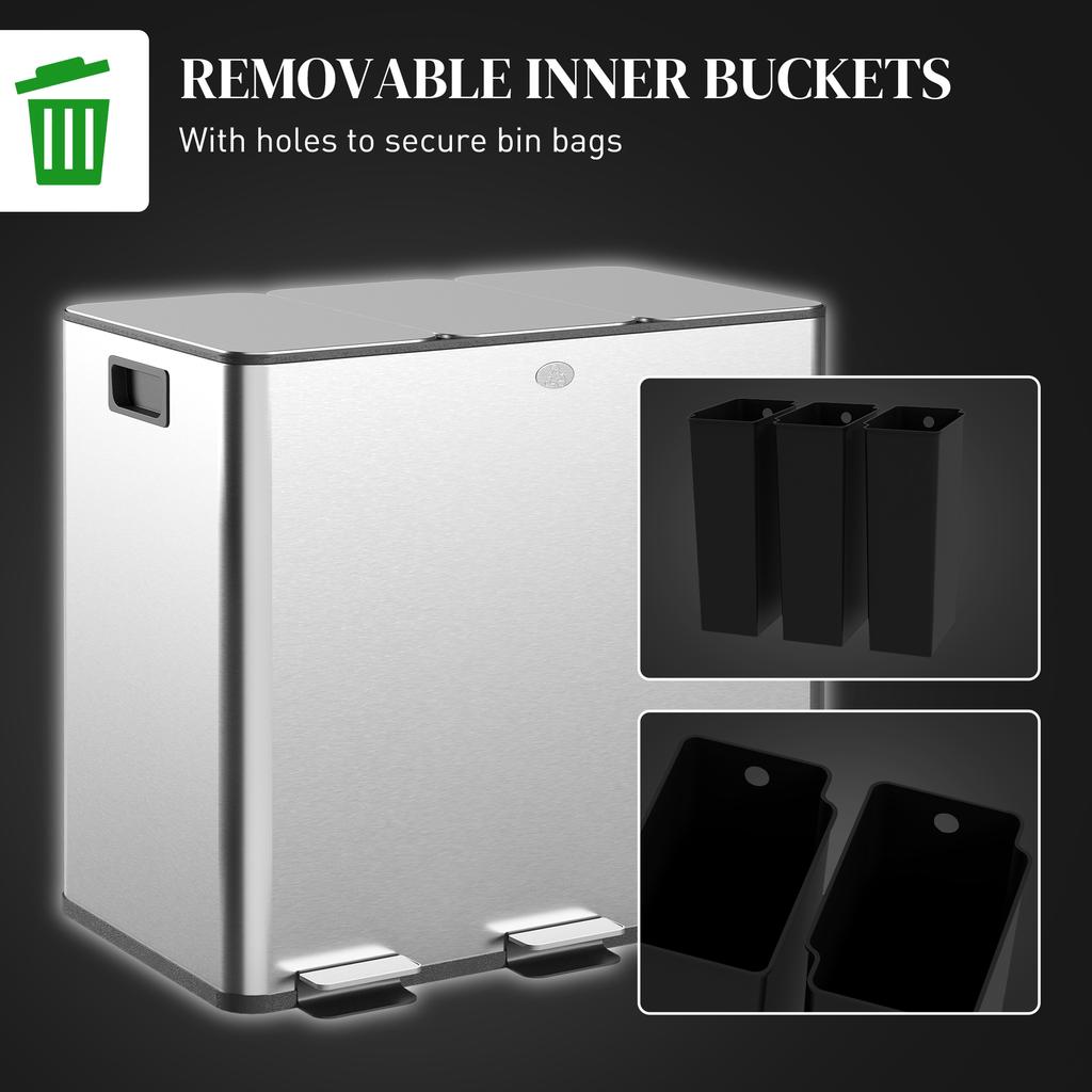 3 X 15L Pedal Bin, Steel Triple Kitchen Bin with Soft Close Lid, Removable Inner Buckets, Fingerprint-Proof, Silver Tone