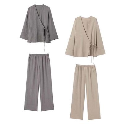 Women's V-Neck Double-Breasted Kimono-Style Cardigan with Loose Long Pants Two-Piece Set
