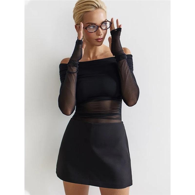 Tooxika Spring And Autumn Women's New Solid Color Slim Fashion One-shoulder Neck Mesh Long-sleeved Top
