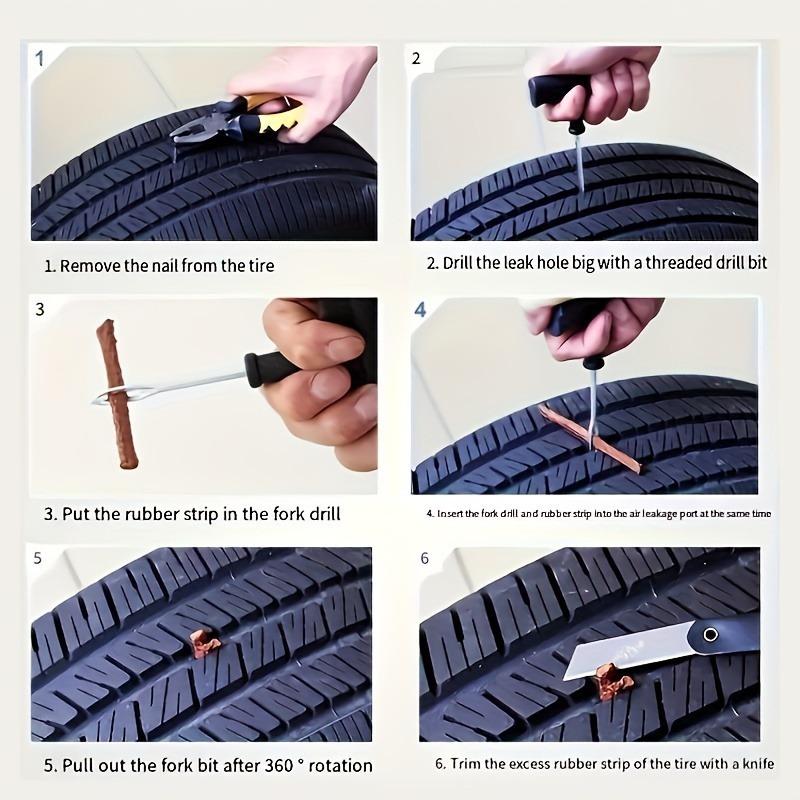 Kit de réparation de pneus crevés avec paquet de mèches de pneu, embouts en acier inoxydable avec poignées durables - Kit de crevaison portable et robuste pour automobile