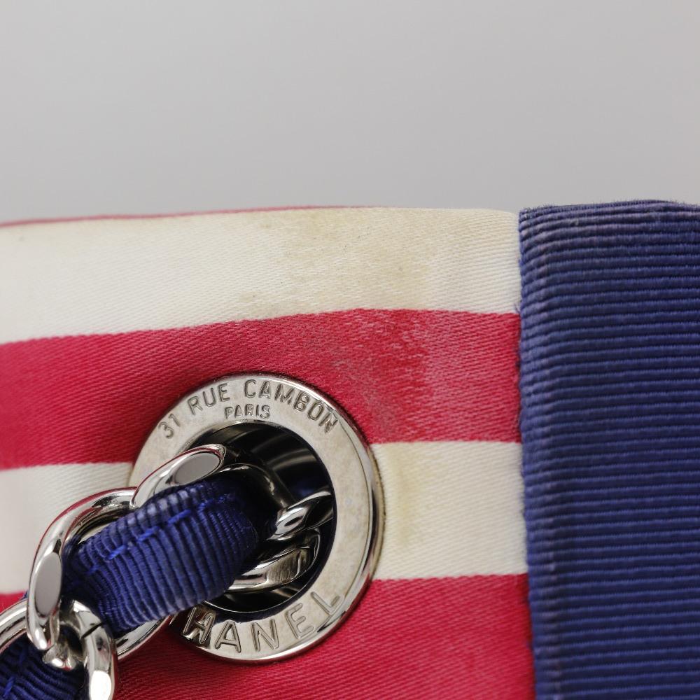 Chanel Chain Tote Tote Bag A47944 Cruise Line Border Navy Blue cotton/Nylon Women Used