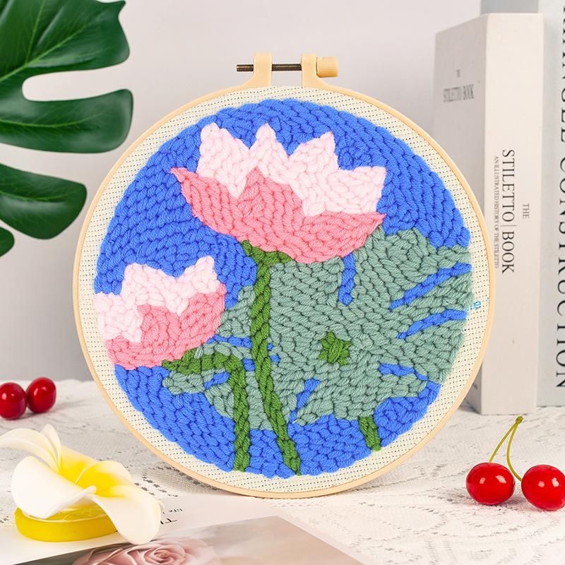 1Set Embroidery Floral Pattern DIY Punch Needle Embroidery Kit with Yarn Starter Kit Poking Cross Stitch Tools For Knitting