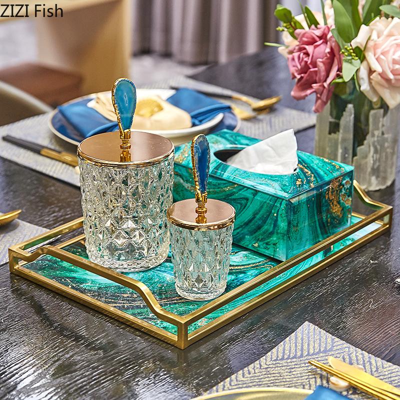 Glass Storage Jars Relief Tea Canister Candy Pot Natural Agate Stone Decorative Crystal Storage Jar with Cover Spice Organizer