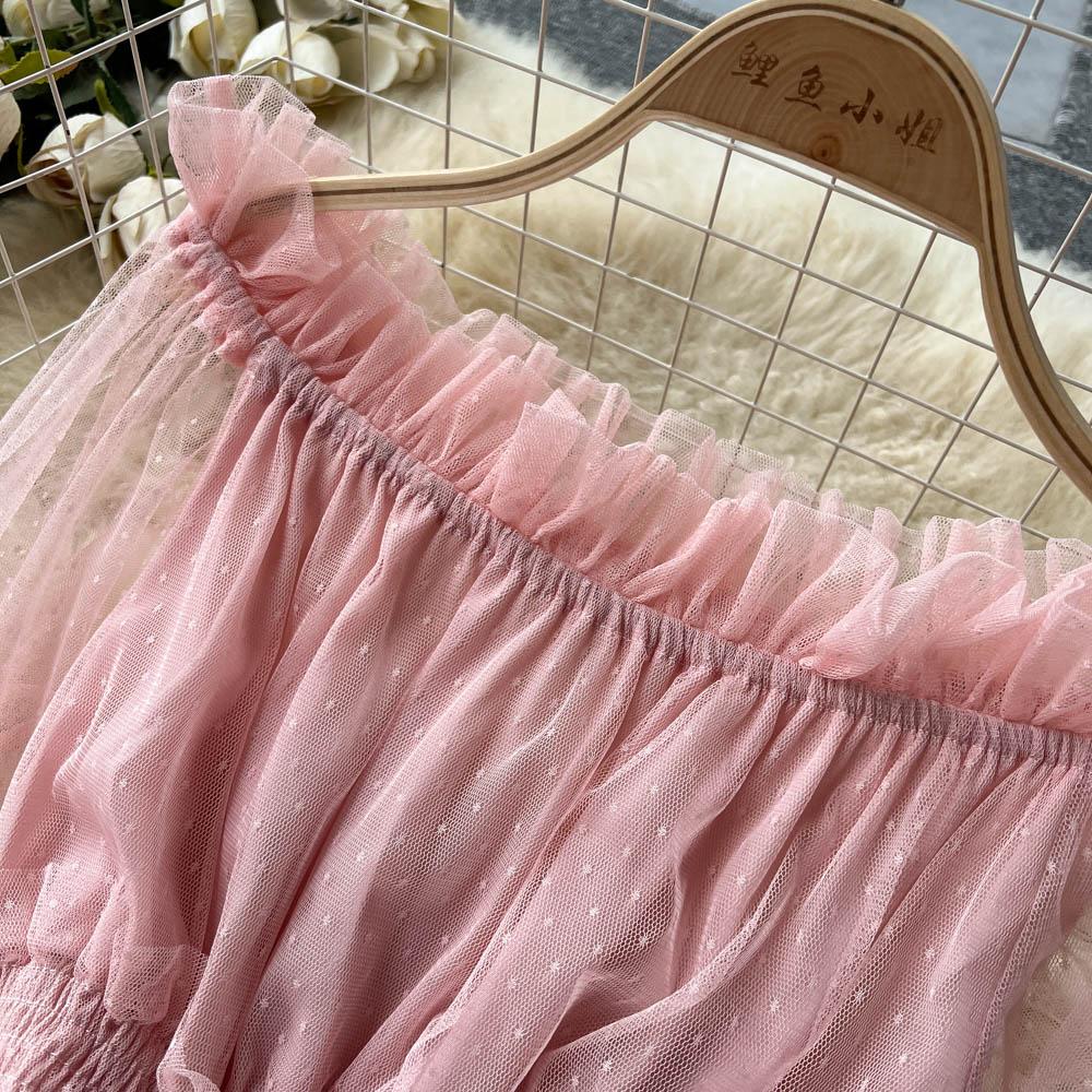 French Fashion Mesh Party Long Dress Women Ruffle Long Sleeve Slash Neck Elastic Waist Ladies Summer Elegant A Line Dresses