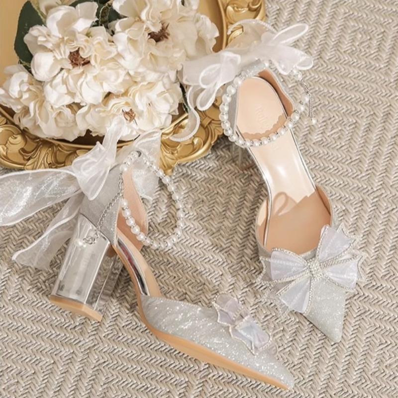 Women Wedding Shoes Pointed Thin Dress Thick Heels Bow Silver Beautiful High Heels Adult Ceremony Party Lady Pumps Zapatos Mujer