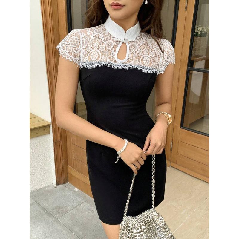 European summer temperament elegant design sense buckle lace splicing color matching slim dress women XS