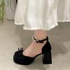 Hot Selling French Bow Block Heel Mary Jane Shoes Women's 2025 Spring and Summer Round Toe Shallow Mouth One Buckle Beaded Heels