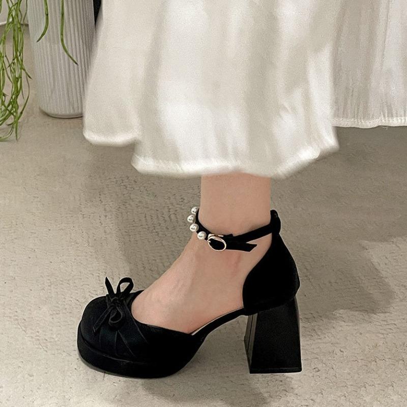 Fashion Hot Selling French Bow Block Heel Mary Jane Shoes Women's 2025 Spring and Summer Round Toe Shallow Mouth One Buckle Beaded Heels