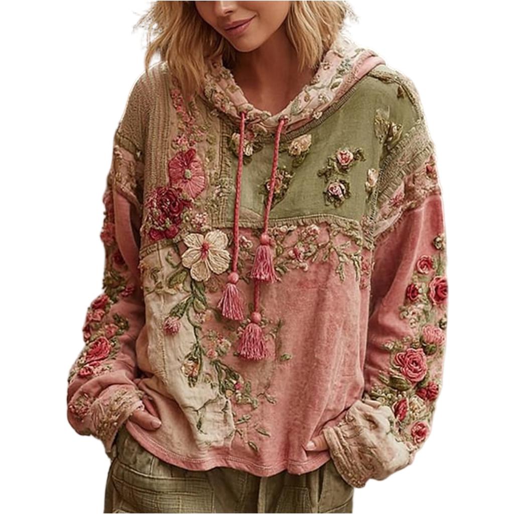 Dámská móda Dlouhý rukáv S kapucí Vintage Patchwork Květinový potisk Ležérní mikina Top