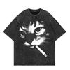 100% Bomull Vintage Tvättad Y2k Rolig Rökande Katt T-shirt Mode Män/Kvinnor Cool Katt Skämt Överdimensionerad Lös Syratvättade T-shirts Skjortor