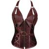 European Court Style Brown Leather Corset with Belt and Halter, Featuring 14 Steel Bones - Punk Fashion Bodysuit.