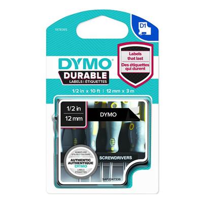 Dymo D1 Haltbares Etikett Weiß auf Schwarz (12mmx3m)