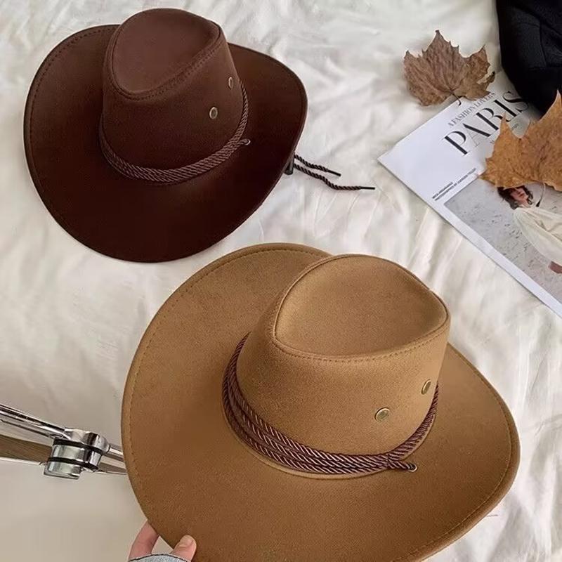 Vintage Western Cowboy Hat Solid Color Basin Hat Wide Brim Jazz Hat Outdoor Sun Protection For Hiking Camping Riding