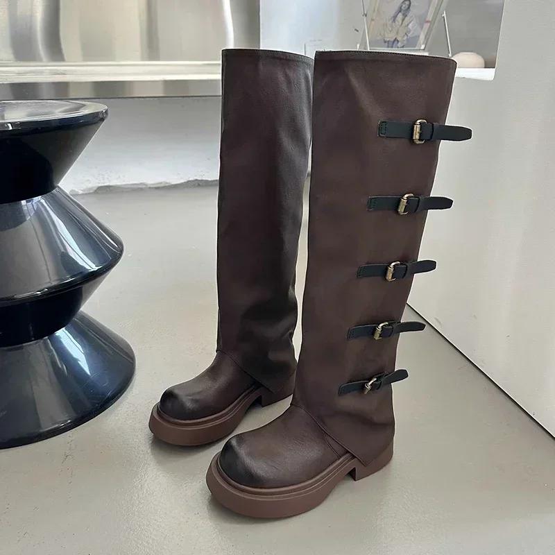 

Роскошные сапоги на платформе до колена, кожаные женские туфли в стиле панк, модные туфли на толстом каблуке с пряжкой 2025 года, тренд зимы и снега, Botas Mujer Zapatos 40 коричневый