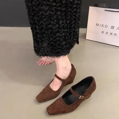 Wedge Heel Retro Suede Mary Jane Single Shoes Women's Shoes Spring and Autumn 2025 New Autumn Skirt Evening High Heels