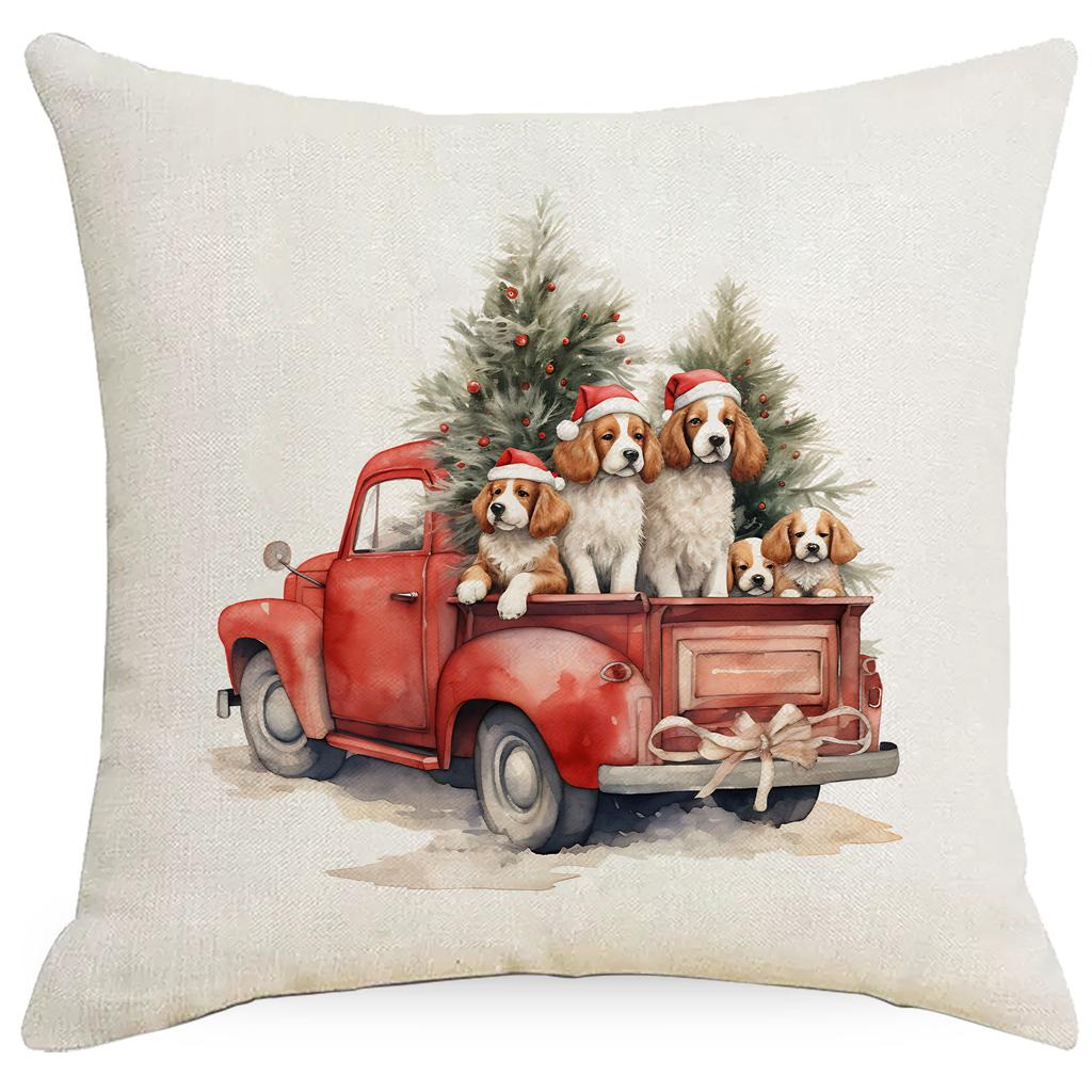 New Christmas Pillowcase Vintage Red Truck Cute Dog Christmas Tree Print Cushion Cover
