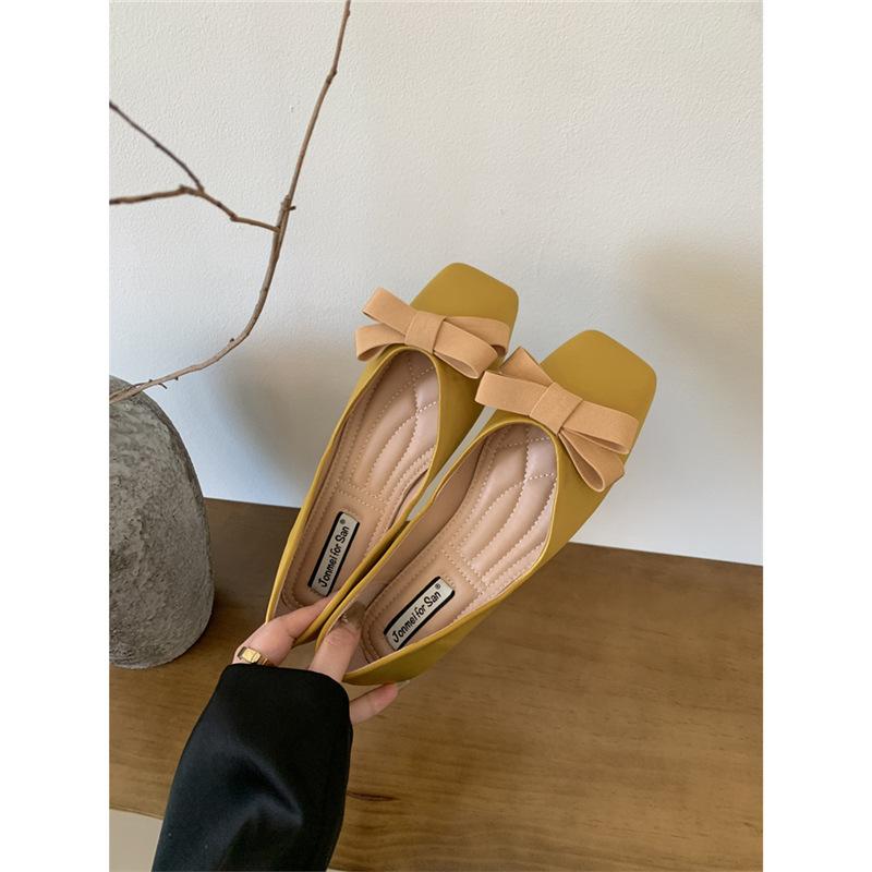 Sheepskin version~ Grape mother has the same temperament square head bow commuting versatile light mouth single shoes women's flat ballet shoes
